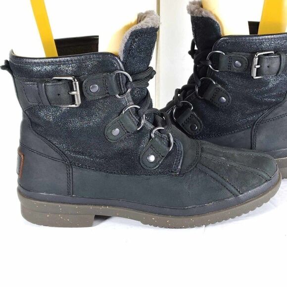 UGG Women's Cecile US 6 Black Leather Waterproof Sheepskin Lined Duck Boots - Picture 8 of 11